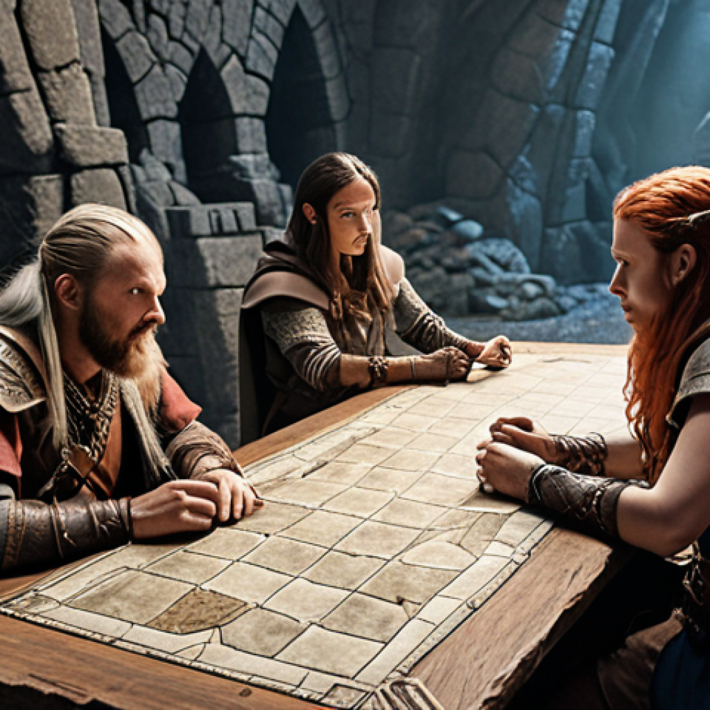 A group of adventurers strategically planning their attack against a fearsome dungeon boss, focusing on teamwork and communication, set in a high-fantasy Swedish-inspired landscape.