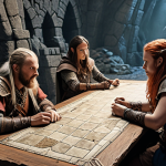 A group of adventurers strategically planning their attack against a fearsome dungeon boss, focusing on teamwork and communication, set in a high-fantasy Swedish-inspired landscape.