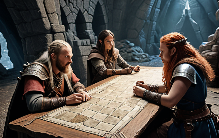A group of adventurers strategically planning their attack against a fearsome dungeon boss, focusing on teamwork and communication, set in a high-fantasy Swedish-inspired landscape.