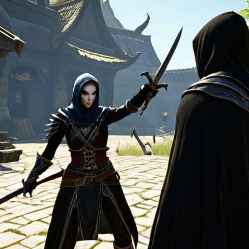 **

Prompt: *Action scene from a PvP battle in ArcheAge. A rogue with dual daggers, cloaked in shadows ("Shadow Cloak" skill), preparing to backstab an unsuspecting healer. Emphasize stealth and deadly precision. Dark and mysterious atmosphere. Think Swedish folklore "skogsrå"*

**