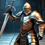 **

A heavily armored warrior, clad in plate armor with high physical and magical resistance, wielding a massive two-handed sword. Focus on the detailed textures of the armor and the imposing stance of the character, demonstrating the tank role. The background should suggest a dangerous dungeon setting.

**